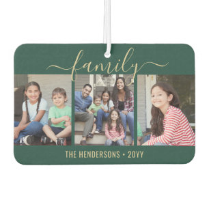 Any Text 4 Photo Script Family Green and Gold Air Freshener