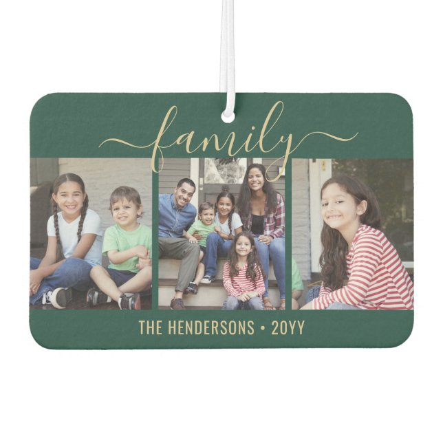 Any Text 4 Photo Script Family Green and Gold Air Freshener (Front)