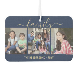 Any Text 4 Photo Script Family Navy Blue and Gold Air Freshener