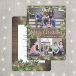 Any Text 4 Photos & Captions • Wood, Pine & Lights Holiday Card<br><div class="desc">Send stylish joyful greetings and share your favorite pictures with a custom four photo collage holiday card. All text on this template is simple to customize to include any wording, such as Merry Christmas, Happy Holidays, Seasons Greetings, New Year Cheers etc. (IMAGE PLACEMENT TIP: An easy way to center a...</div>