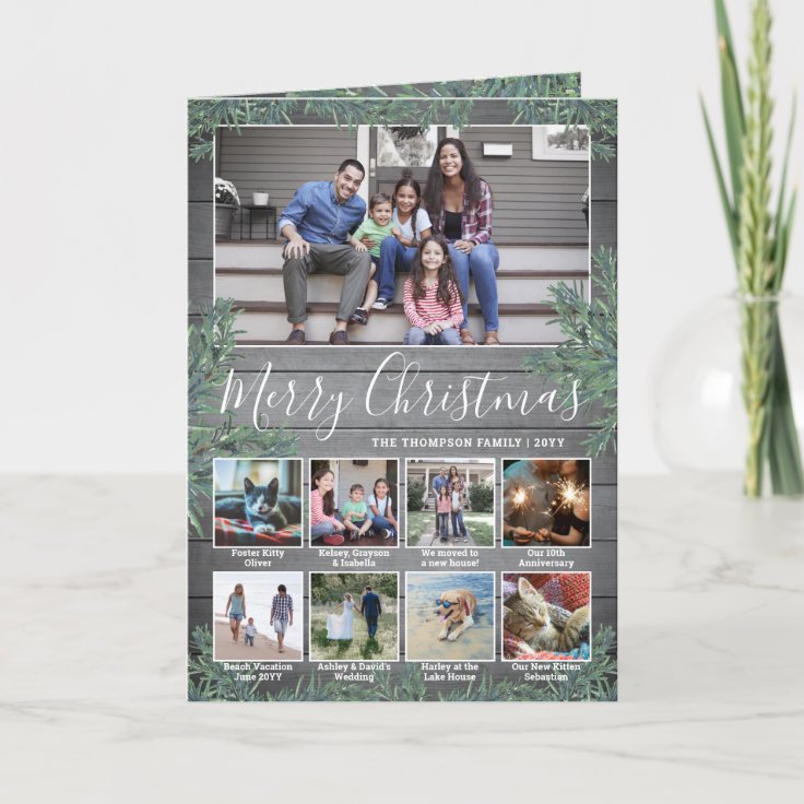 Any Text 9 Photo Collage & Captions Wood and Pine Holiday Card Zazzle