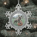 Any Text Best Dog Ever Simple Photo Grey Faux Wood Snowflake Pewter Christmas Ornament<br><div class="desc">Celebrate the simple joys of your furry family member with this custom photo and text round metal snowflake ornament. Wording and picture on this template are simple to personalize. (IMAGE & TEXT DESIGN TIPS: 1) To adjust position of wording, add spaces at beginning or end. 2) To centre the photo...</div>