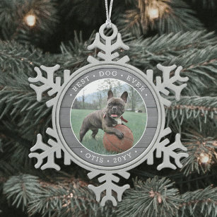 Any Text Best Dog Ever Simple Photo Grey Faux Wood Snowflake Pewter Christmas Ornament