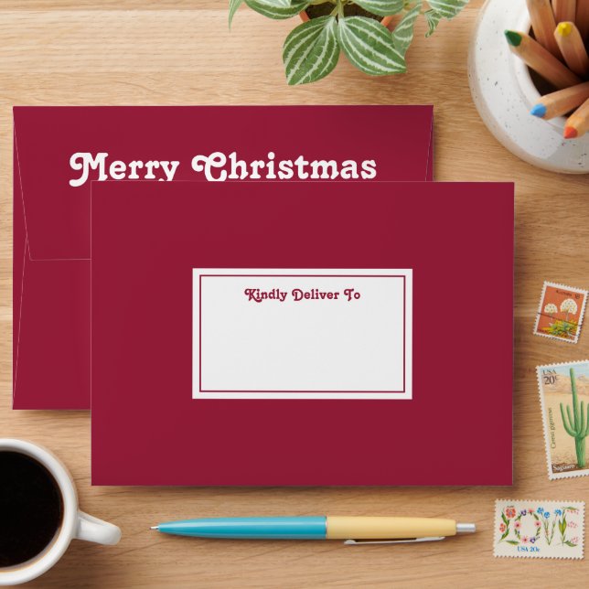 Any Text Chic Retro Return Address Red Christmas Envelope (Desk)