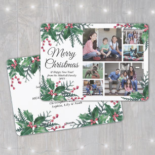 Any Text Christmas Holly & Berries 6 Photo Collage Holiday Card