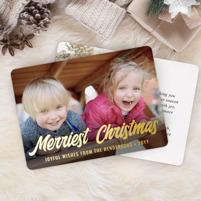 Any Text Elegant Script 2 Photo Merriest Christmas Foil Holiday Card (Creator Uploaded)