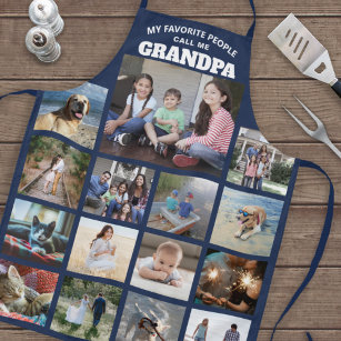 Any Text Family Photo Collage Grandpa Navy Blue Apron