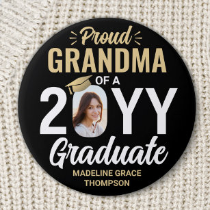 Any Text & Graduate Photo Proud Grandma Black Gold 3 Inch Round Button