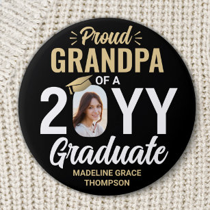 Any Text & Graduate Photo Proud Grandpa Black Gold 3 Inch Round Button