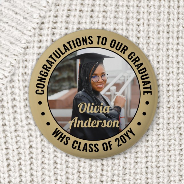 Any Text Graduation Photo Congrats Black and Gold 2 Inch Round Button (Creator Uploaded)