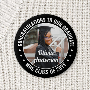 Any Text Graduation Photo Congrats Black and White 2 Inch Round Button