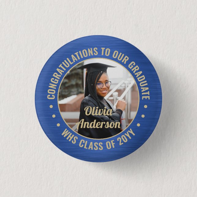 Any Text Graduation Photo Congrats Blue and Gold 1 Inch Round Button (Front)