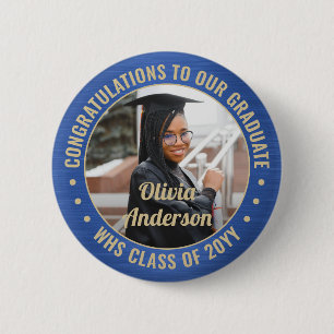 Any Text Graduation Photo Congrats Blue and Gold 2 Inch Round Button