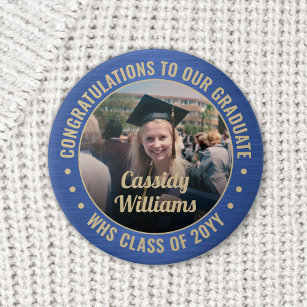 Any Text Graduation Photo Congrats Blue and Gold 2 Inch Round Button