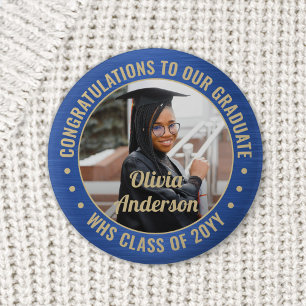 Any Text Graduation Photo Congrats Blue and Gold 2 Inch Round Button