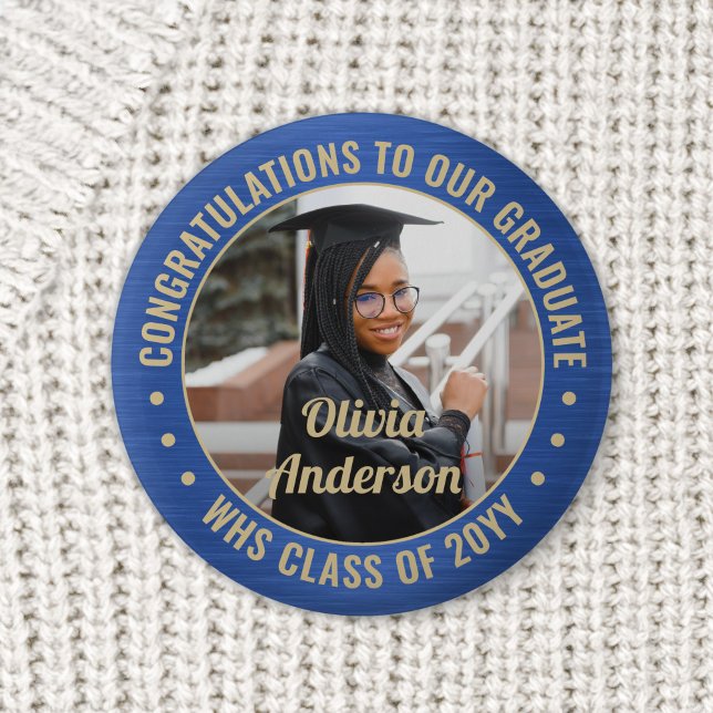 Any Text Graduation Photo Congrats Blue and Gold 2 Inch Round Button (Creator Uploaded)