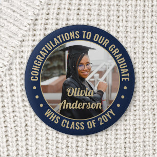 Any Text Graduation Photo Congrats Navy Blue Gold 2 Inch Round Button