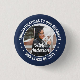 Any Text Graduation Photo Congrats Navy Blue White 1 Inch Round Button