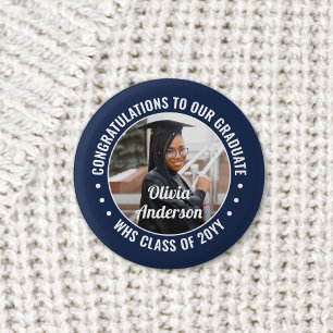 Any Text Graduation Photo Congrats Navy Blue White 1 Inch Round Button