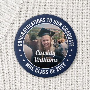 Any Text Graduation Photo Congrats Navy Blue White 2 Inch Round Button