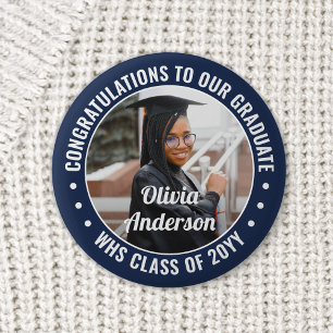 Any Text Graduation Photo Congrats Navy Blue White 2 Inch Round Button