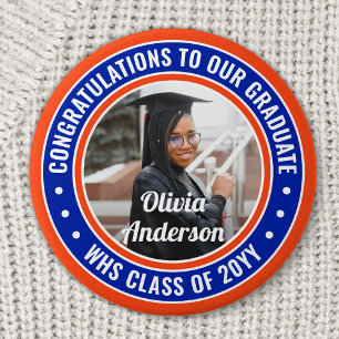 Any Text Graduation Photo Congrats Orange and Blue 3 Inch Round Button