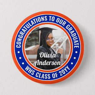 Any Text Graduation Photo Congrats Orange and Blue 3 Inch Round Button