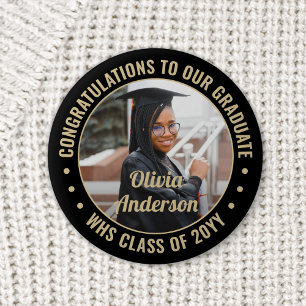 Any Text Graduation Photo Elegant Black and Gold 2 Inch Round Button