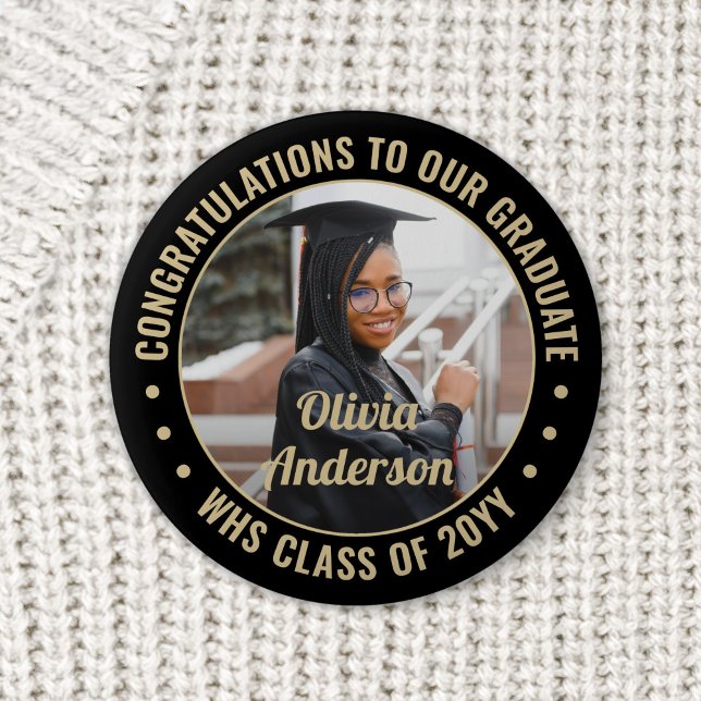 Any Text Graduation Photo Elegant Black and Gold 2 Inch Round Button (Creator Uploaded)