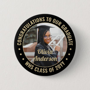 Any Text Graduation Photo Elegant Black and Gold 2 Inch Round Button