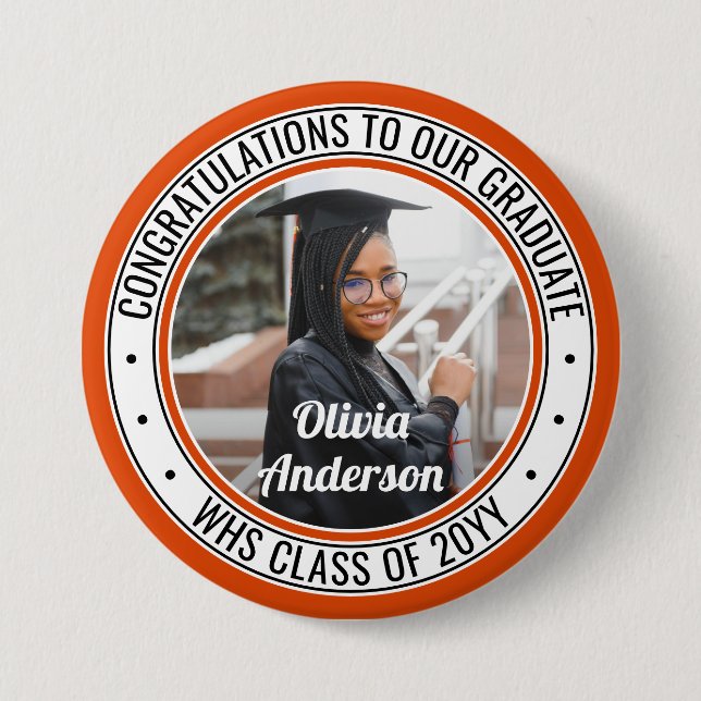 Any Text Graduation Photo Orange Black and White 3 Inch Round Button (Front)