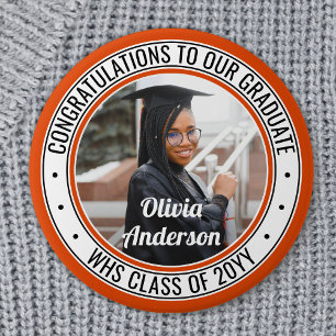 Any Text Graduation Photo Orange Black and White 3 Inch Round Button