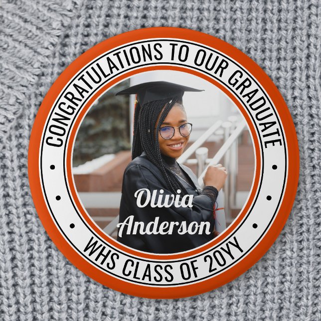 Any Text Graduation Photo Orange Black and White 3 Inch Round Button (Creator Uploaded)