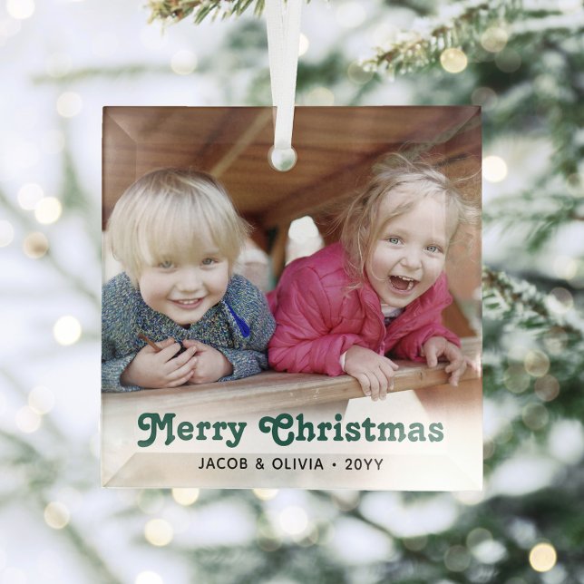 Any Text Green Retro Typography Simple Photo Glass Ornament (Creator Uploaded)