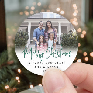 Any Text Green Script Typography Modern Photo Classic Round Sticker