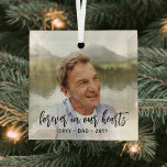 Any Text Memorial 1 Photo Simple Black Script Glass Ornament<br><div class="desc">Honour a departed loved one for the holidays with a custom photo square glass Christmas ornament. Picture and all text on this template are simple to personalize. "Forever in our hearts" can be changed to "in loving memory of, " "an angel in heaven" or other wording. (IMAGE PLACEMENT TIP: An...</div>