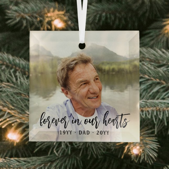 Any Text Memorial 1 Photo Simple Black Script Glass Ornament (Creator Uploaded)