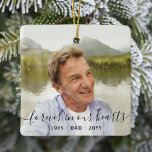 Any Text Memorial 2 Photo Simple Black Script Ceramic Ornament<br><div class="desc">Honour a departed loved one for the holidays with a custom photo square ceramic Christmas ornament. All text and pictures on this template are simple to personalize and can be different or the same on front and back. "Forever in our hearts" can be changed to "in loving memory of, "...</div>