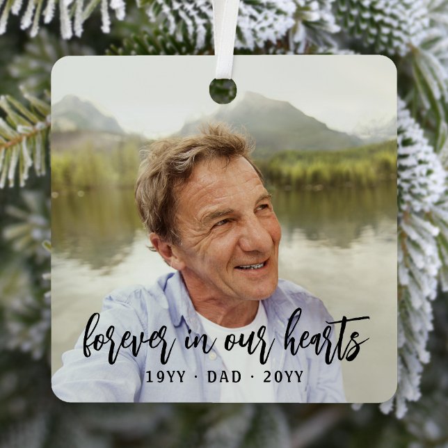 Any Text Memorial 2 Photo Simple Black Script Metal Ornament (Creator Uploaded)