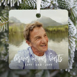 Any Text Memorial 2 Photo Simple White Script Metal Ornament<br><div class="desc">Honour a departed loved one for the holidays with a custom photo square metal Christmas ornament. All text and pictures on this template are simple to personalize and can be different or the same on front and back. "Forever in our hearts" can be changed to "in loving memory of, "...</div>