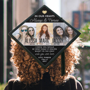 Any Text Memorial Photo Collage Elegant Gold Heart Graduation Cap Topper