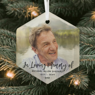 Any Text Memorial Simple Black Script 1 Photo Glass Ornament