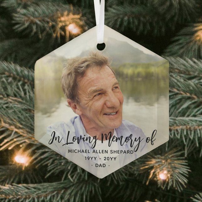 Any Text Memorial Simple Black Script 1 Photo Glass Ornament (Creator Uploaded)
