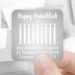 Any Text Menorah Faux Foil Return Address Labels<br><div class="desc">Add a chic holiday card finishing touch with these elegant white and faux silver foil glossy return address labels / envelope seals. All text can easily be customized with name and address. Modern minimalist design features the lit candles of a menorah and stylish script and calligraphy style typography. Happy Hanukkah!...</div>