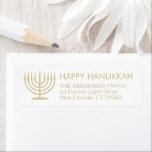 Any Text Menorah Gold Hanukkah Return Address<br><div class="desc">Add the perfect Hanukkah card finishing touch with these elegant white and gold return address labels. The gold is non-metallic printed colour,  not foil. All text can easily be customized with any greeting,  name,  and address. Design features a simple menorah with lit candles and chic modern typography. Happy Hanukkah!</div>