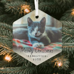 Any Text Meowy Christmas Cat Simple Hexagon Photo Glass Ornament<br><div class="desc">Celebrate the simple joys of your furry family member with a custom photo hexagon-shaped glass ornament. All text and kitten picture on this template are simple to personalize. If preferred, change "Meowy Christmas" to any wording you choose. Ornament can also be used for any pet, such as a dog, bunny,...</div>