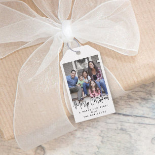 Any Text Modern Script Simple Photo Black & White Gift Tags
