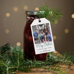 Any Text Modern Simple Green Script & Photo Gift Tags