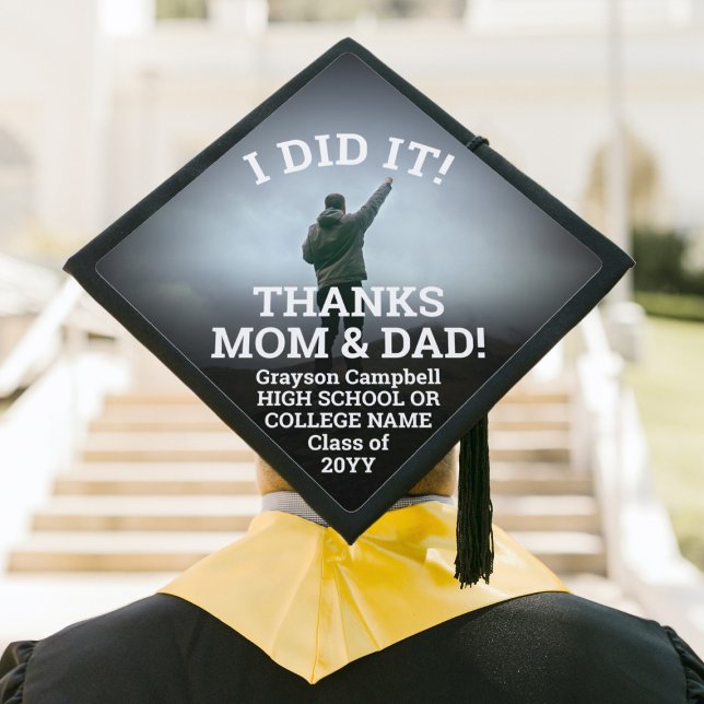 Any Text & Photo Black White Class Year & School Graduation Cap Topper (Creator Uploaded)