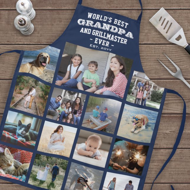 Any Text Photo Collage Best Grandpa Ever Navy Blue Apron (Creator Uploaded)